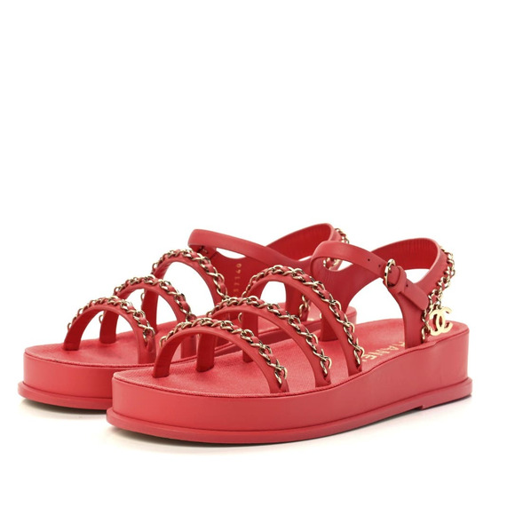 CHANEL Shoes - Chanel 2021 Calfskin Chain Platform Dad Sandals in Pink